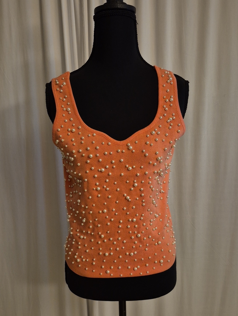 Pearl-Embellished Coral Tank Top - Women's Sleeveless Knit - Picture 2 of 5